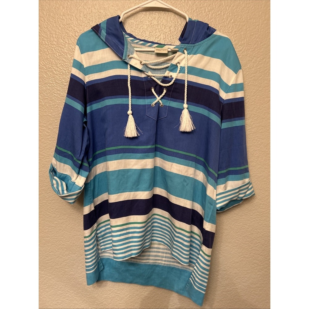 Zenergy By Chicos 1/M  Blue Stripe Lace Up Woven Hooded Pullover Top Beach
